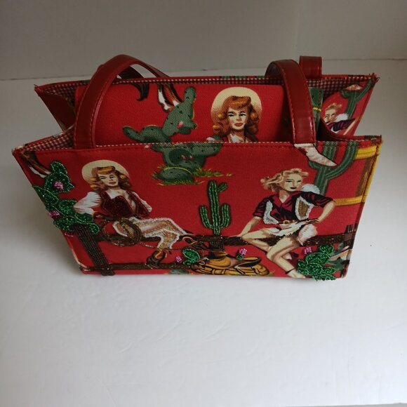Retro 50's Red Rockabilly Pin Up Cowgirls with Beads & Sequins Shoulder Bag - Picture 10 of 13